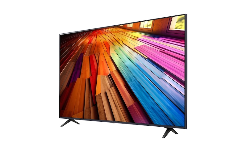 Slightly-angled left-facing side view of LG UHD TV, UT80